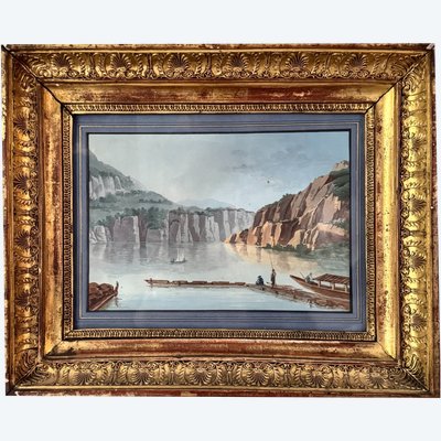 Paesaggio svizzero, riva del lago di A.-M. Almeras. Acquerello del XIX secolo.