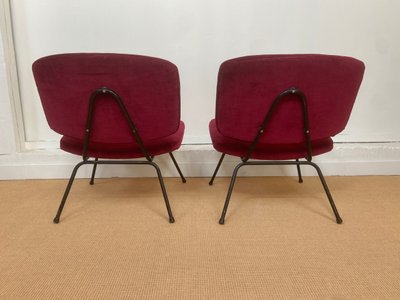 Pair of red velvet armchairs by Pierre Paulin for Thonet.
