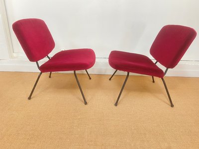 Pair of red velvet armchairs by Pierre Paulin for Thonet.