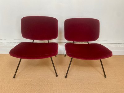 Pair of red velvet armchairs by Pierre Paulin for Thonet.