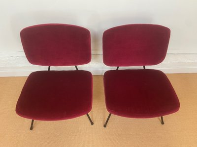 Pair of red velvet armchairs by Pierre Paulin for Thonet.