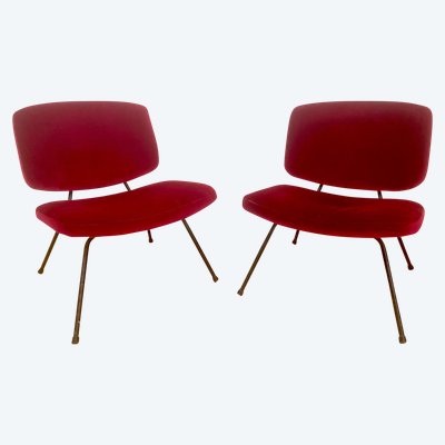 Pair of red velvet armchairs by Pierre Paulin for Thonet.