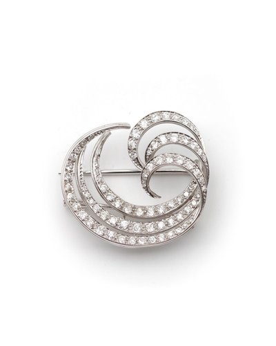 Spilla a forma di voluta di diamanti in platino e oro 18k, spilla a forma di onda, spilla a forma di piuma, moderna, tardo Art Déco