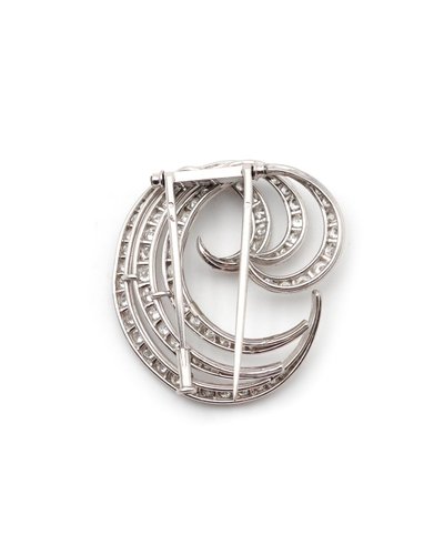 Spilla a forma di voluta di diamanti in platino e oro 18k, spilla a forma di onda, spilla a forma di piuma, moderna, tardo Art Déco