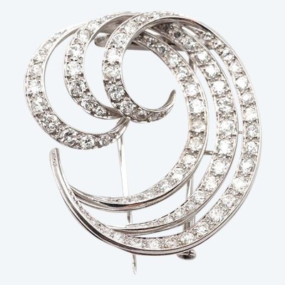 Spilla a forma di voluta di diamanti in platino e oro 18k, spilla a forma di onda, spilla a forma di piuma, moderna, tardo Art Déco