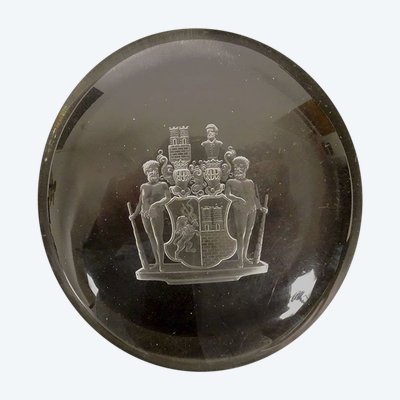 Engraved Crystal Paperweight Coat of Arms Welczeck Family Crest Silesia 19th Century