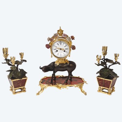 Louis XV Buffalo Clock Gilt Bronze Lacquered Wood Chinese Candelabra 18th Century