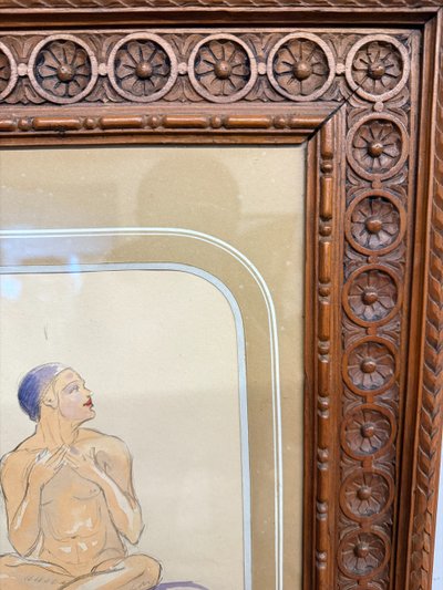 Acquerello firmato Ghuke in cornice noce intagliata arte moderna, 57x44 cm. Ottimo stato
