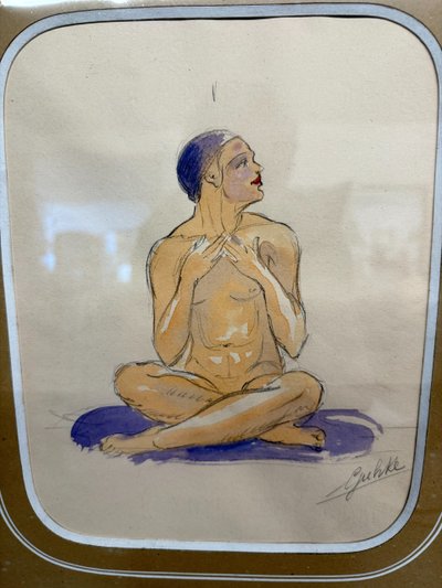 Acquerello firmato Ghuke in cornice noce intagliata arte moderna, 57x44 cm. Ottimo stato