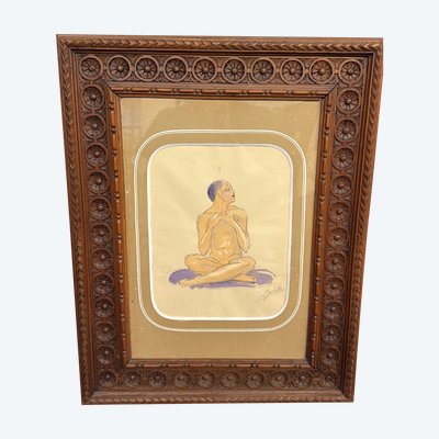 Acquerello firmato Ghuke in cornice noce intagliata arte moderna, 57x44 cm. Ottimo stato