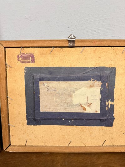 Coppia di acquerelli/olio su carta, firmati Simi sul retro, fine '800, 32x24 e 23x39 cm. Raffigurant