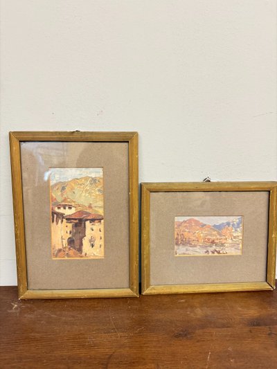 Coppia di acquerelli/olio su carta, firmati Simi sul retro, fine '800, 32x24 e 23x39 cm. Raffigurant