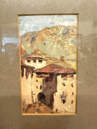 Coppia di acquerelli/olio su carta, firmati Simi sul retro, fine '800, 32x24 e 23x39 cm. Raffigurant