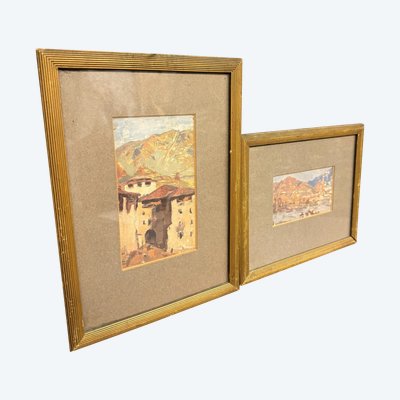 Coppia di acquerelli/olio su carta, firmati Simi sul retro, fine '800, 32x24 e 23x39 cm. Raffigurant