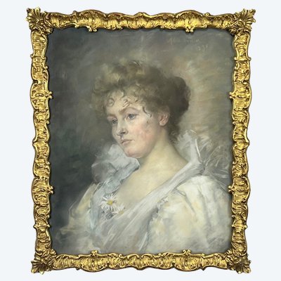 PASTEL SOUS VERRE ENCADRÉ DU XIXe REPRESENTANT UN PORTRAIT DE FEMME ELEGANTE