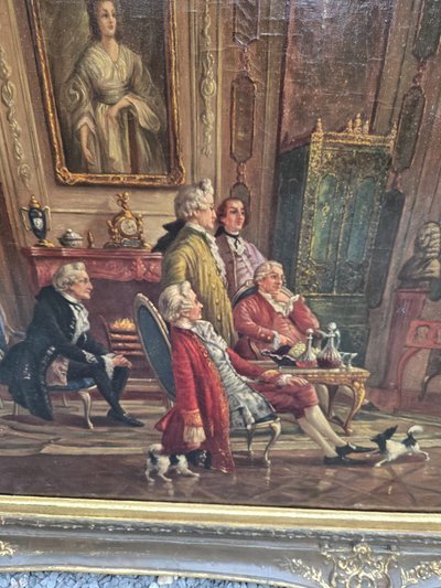 Scena da salotto del XVIII secolo – Importante olio su tela.