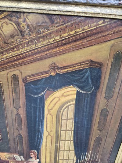 Scena da salotto del XVIII secolo – Importante olio su tela.