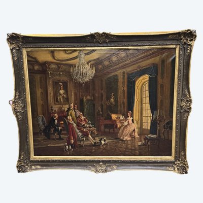 Scena da salotto del XVIII secolo – Importante olio su tela.