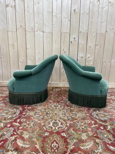 Paire de fauteuils crapaud en velours vert style Napoléon III