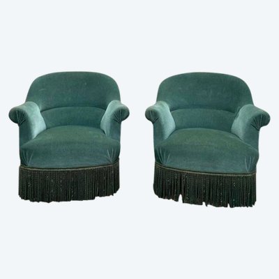 Paire de fauteuils crapaud en velours vert style Napoléon III