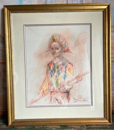 Lucien Philippe Moretti (1922–2000) – Giovane Arlecchino – Pastello originale firmato – 53 x 60 cm con cornice