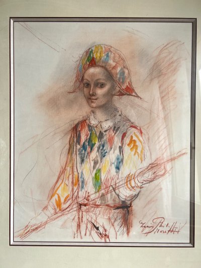 Lucien Philippe Moretti (1922–2000) – Giovane Arlecchino – Pastello originale firmato – 53 x 60 cm con cornice