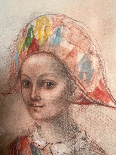 Lucien Philippe Moretti (1922–2000) – Giovane Arlecchino – Pastello originale firmato – 53 x 60 cm con cornice