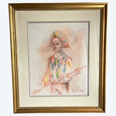 Lucien Philippe Moretti (1922–2000) – Giovane Arlecchino – Pastello originale firmato – 53 x 60 cm con cornice