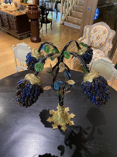 Table lamp with four light arms, globes in the shape of bunches of grapes. Murano 20th century