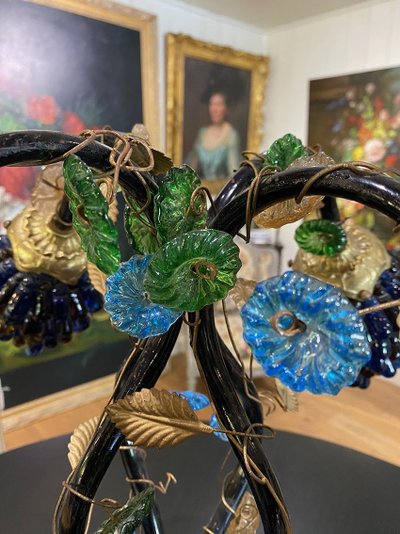 Table lamp with four light arms, globes in the shape of bunches of grapes. Murano 20th century