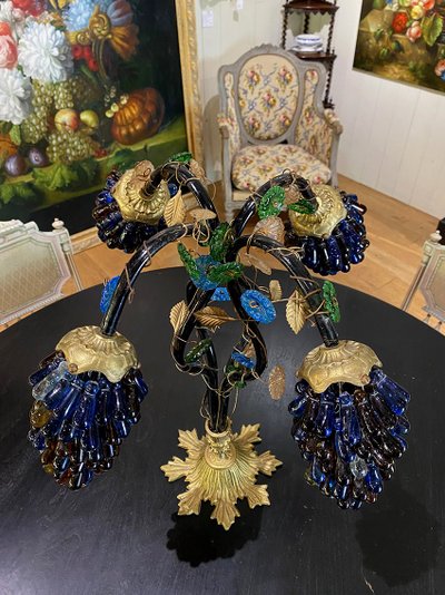 Table lamp with four light arms, globes in the shape of bunches of grapes. Murano 20th century