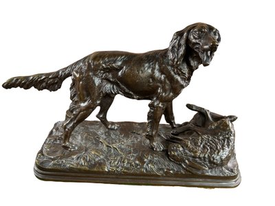 Grande animale in bronzo firmato Alfred Dubucand – Cane da caccia e lepre – XIX secolo