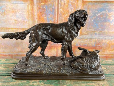 Grande animale in bronzo firmato Alfred Dubucand – Cane da caccia e lepre – XIX secolo