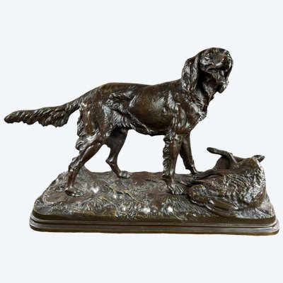 Grande animale in bronzo firmato Alfred Dubucand – Cane da caccia e lepre – XIX secolo