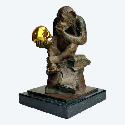 Wolfgang Hugo Rheinhold scultura in bronzo Scimmia con teschio