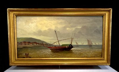 DIPINTO / OLIO SU PANNELLO DI LEGNO FIRMATO "DUBOIS" (RITORNO AL PORTO) CON CORNICE