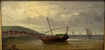 DIPINTO / OLIO SU PANNELLO DI LEGNO FIRMATO "DUBOIS" (RITORNO AL PORTO) CON CORNICE