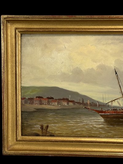 DIPINTO / OLIO SU PANNELLO DI LEGNO FIRMATO "DUBOIS" (RITORNO AL PORTO) CON CORNICE