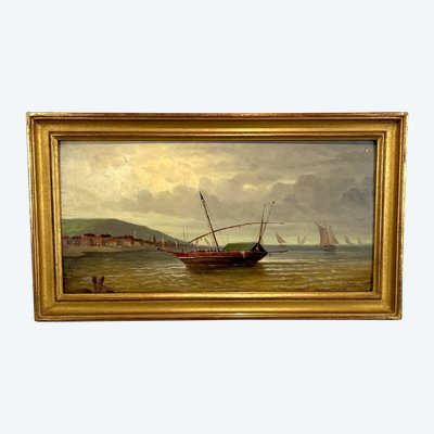 DIPINTO / OLIO SU PANNELLO DI LEGNO FIRMATO "DUBOIS" (RITORNO AL PORTO) CON CORNICE