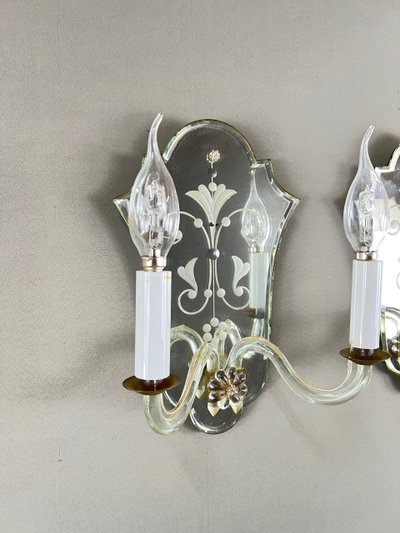 Coppia di applique in vetro di Murano e specchio, XX secolo