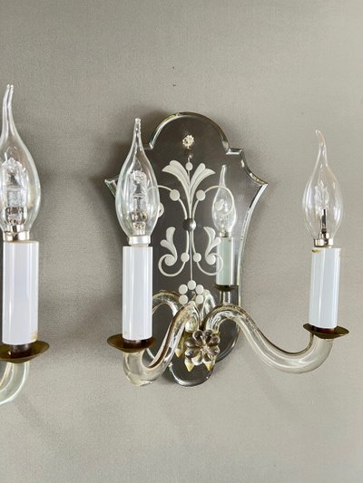 Coppia di applique in vetro di Murano e specchio, XX secolo
