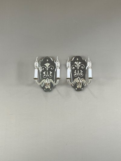 Coppia di applique in vetro di Murano e specchio, XX secolo