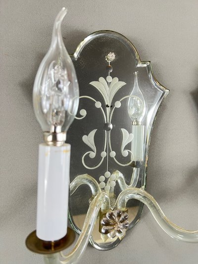 Coppia di applique in vetro di Murano e specchio, XX secolo