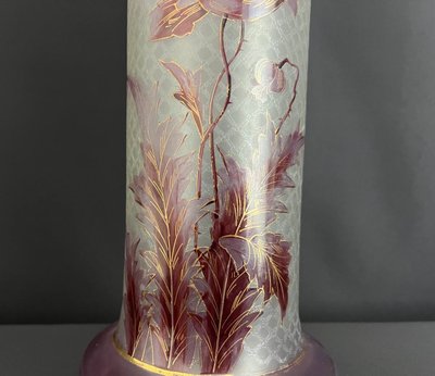 Large Art Nouveau Style Enameled Glass Vase