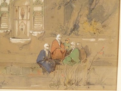 Orientalist Drawing Amedeo Preziosi Ottoman Characters Fountain 19th Century