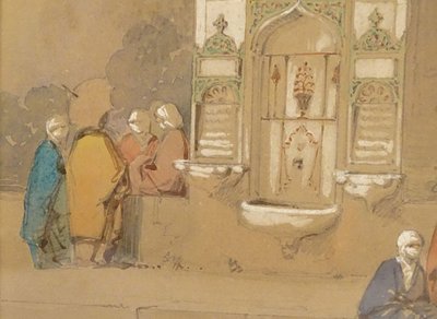 Orientalist Drawing Amedeo Preziosi Ottoman Characters Fountain 19th Century