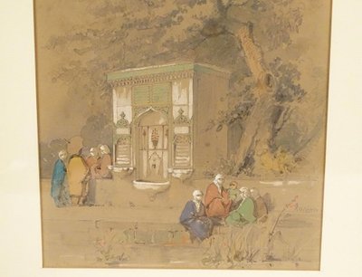 Orientalist Drawing Amedeo Preziosi Ottoman Characters Fountain 19th Century