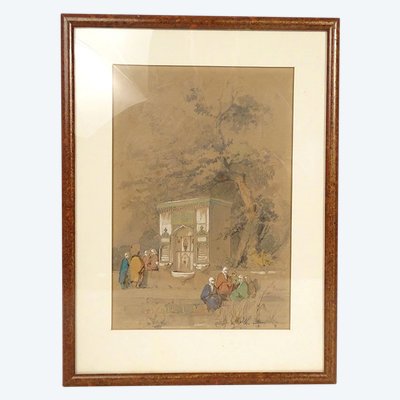 Orientalist Drawing Amedeo Preziosi Ottoman Characters Fountain 19th Century