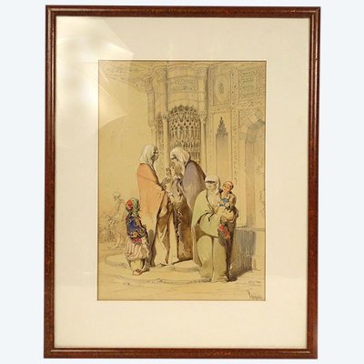 Dessin Orientaliste Amedeo Preziosi Femmes Ottomanes Enfants Istanbul XIXè