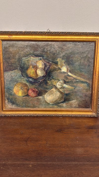 Antico dipinto ad olio, Manfredini, 1944, Trieste, natura morta, 47x38 cm